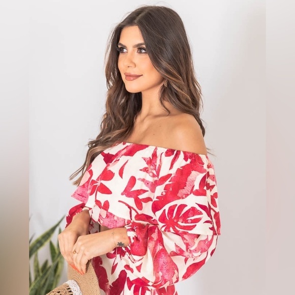 Pink Lily Passport to Paradise Pink and White Off the Shoulder Printed Blouse - Picture 2 of 8